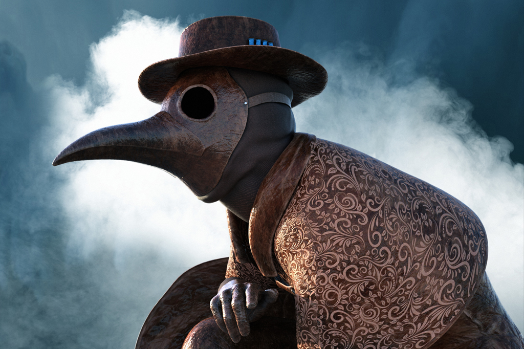 Imagem de um médico vestido com roupas da época da Peste Negra. Vê-se um chapéu, um manto e uma máscara com formato de ave de bico comprido.