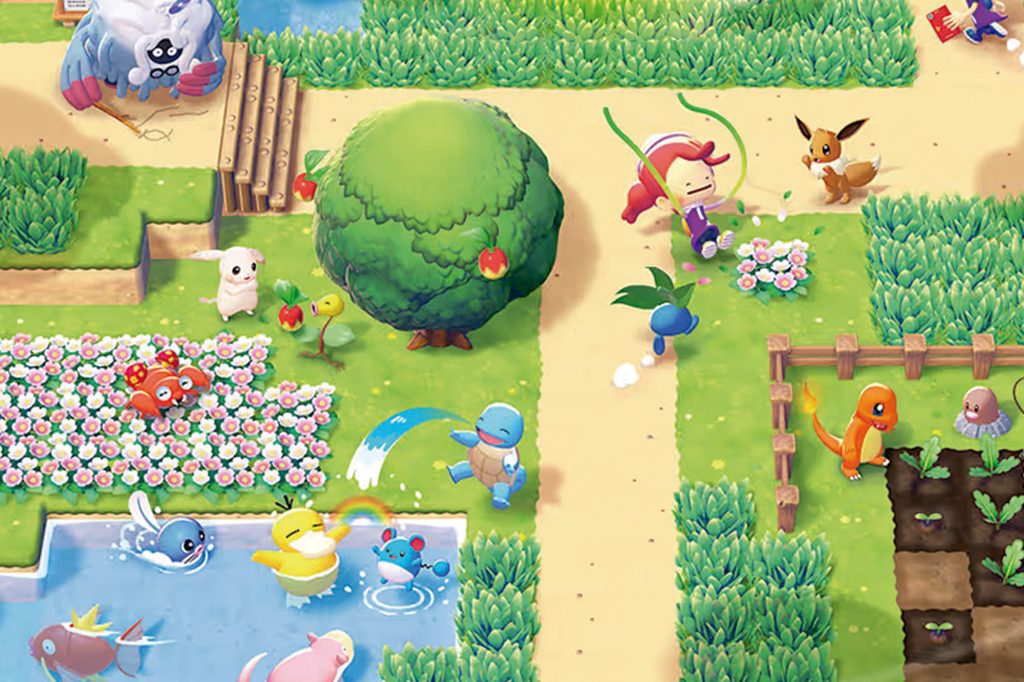 Imagem do jogo Pokémon Pokopia. Vê-se um jardim colorido com diversos bichinhos e uma garota pulando corda.