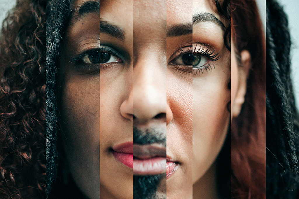 Colagem digital com rostos de diferentes etnias.