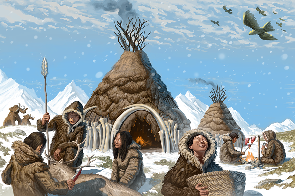 Ilustração de pessoas vivendo na Beríngia.