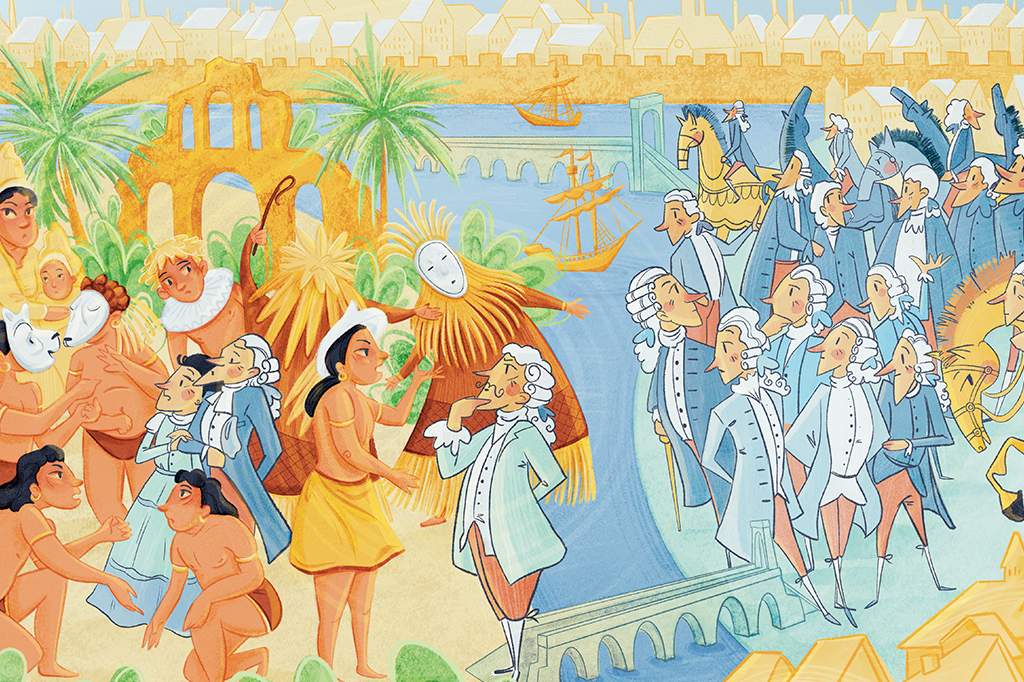 Ilustração do povo indígena e os europeus