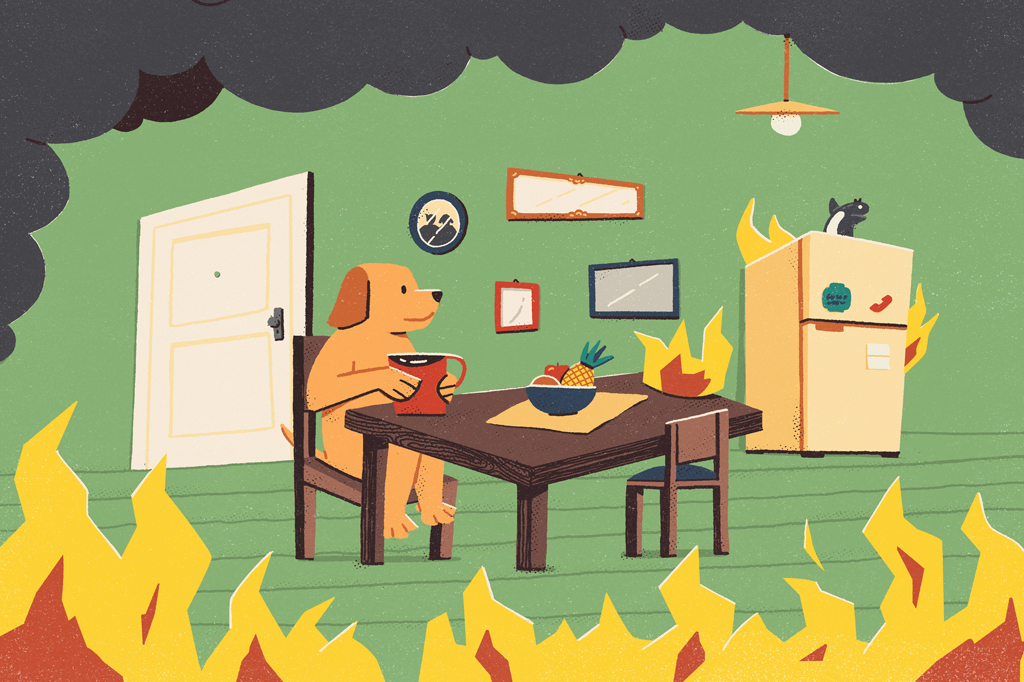 Ilustração, em fundo verde, de um cachorro, de pelo marrom, segurando uma caneca, sentado a mesa, numa sala sendo dominada pela fumaça e fogo.