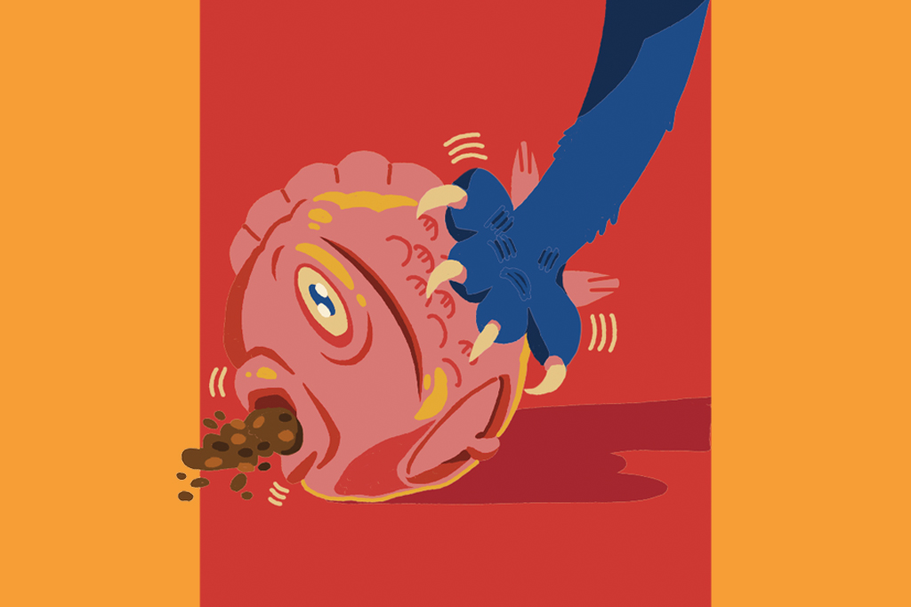 Ilustração, em fundo vermelho e laranja, de uma pata de gato brincando com um peixe artificial.