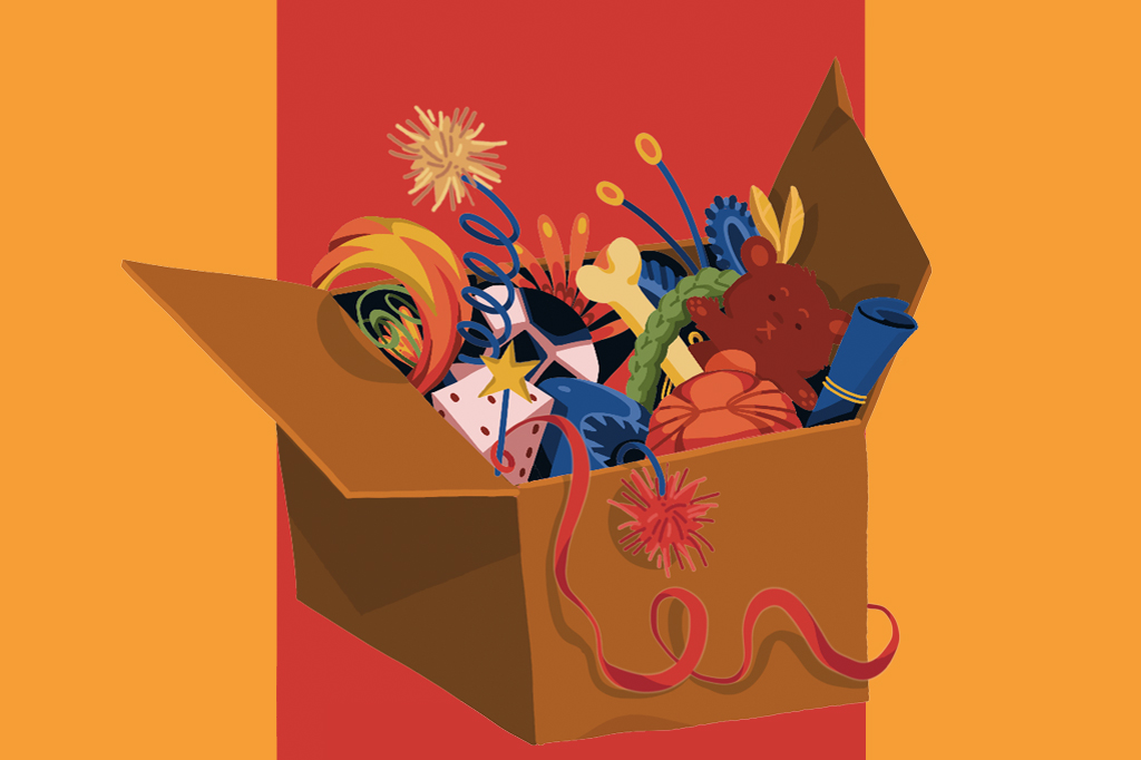 Ilustração, em fundo vermelho e laranja, de uma caixa de papelão cheia de brinquedos.