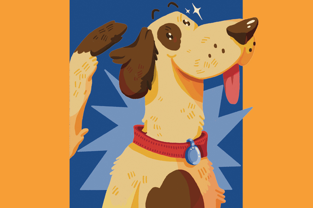 Ilustração, em fundo azul escuro e laranja, de um cachorro feliz.