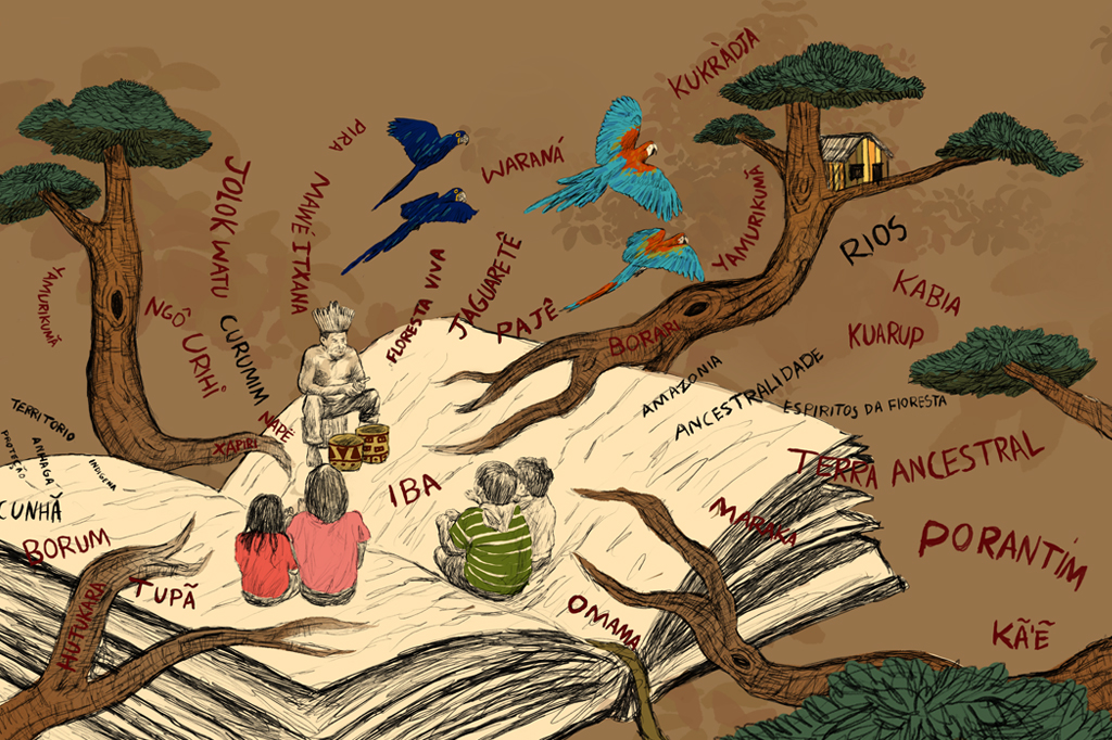 Ilustração conceitual, em fundo marrom, de um pajé e quatro crianças indígenas sentadas sobre um enorme livro. Ao redor deles, vê-se, diversas palavras flutuando, árvores e araras.