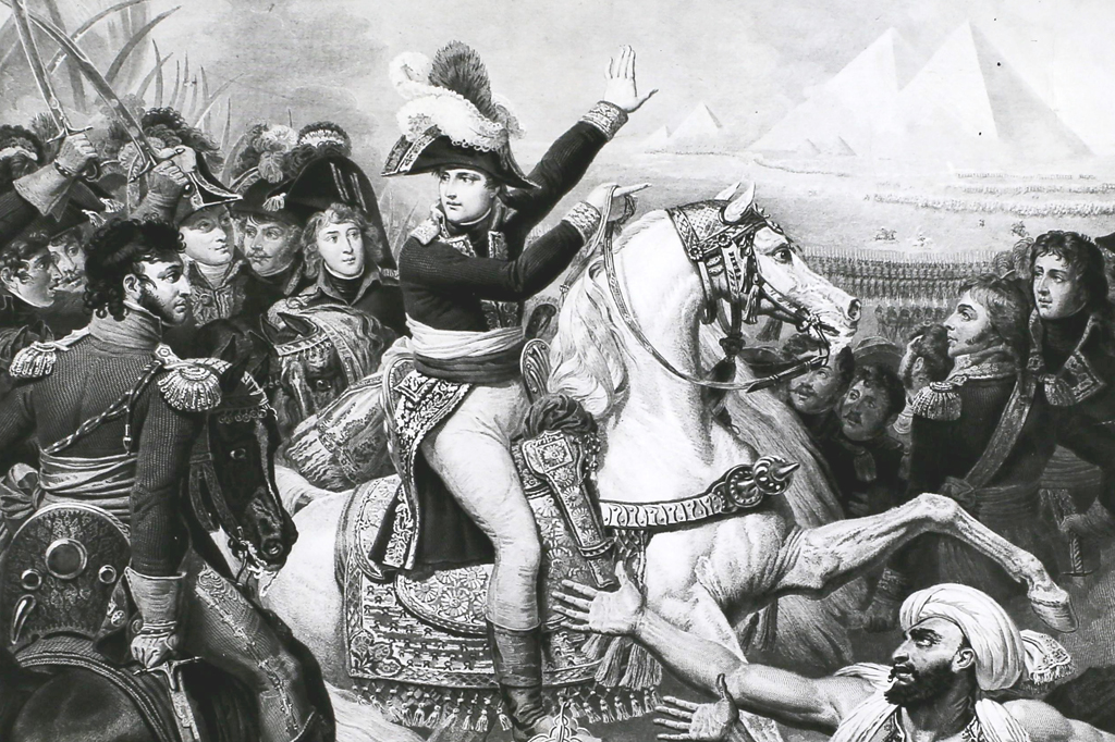 Imagem em litogravura de Napoleão Bonaparte na Batalha das Pirâmides, no Egito, em 1798.