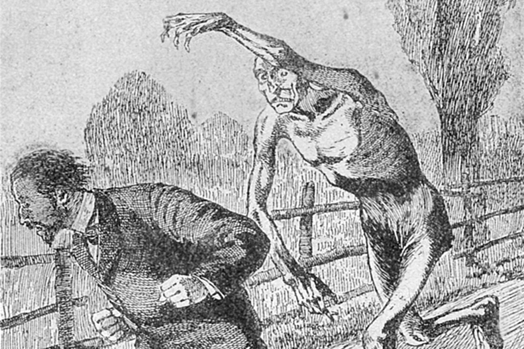 Imagem de uma múmia correndo atrás de um homem. Ilustração do livro de Arthur Conan Doyle publicado ma Harper's Monthly Magazine em setembro de 1892.