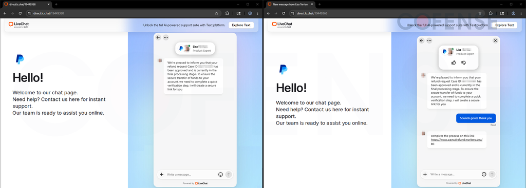 Um golpe recente surgiu na forma de falso suporte do PayPal, onde a página imita o site e o chat do serviço (Imagem: Cofense/Divulgação)