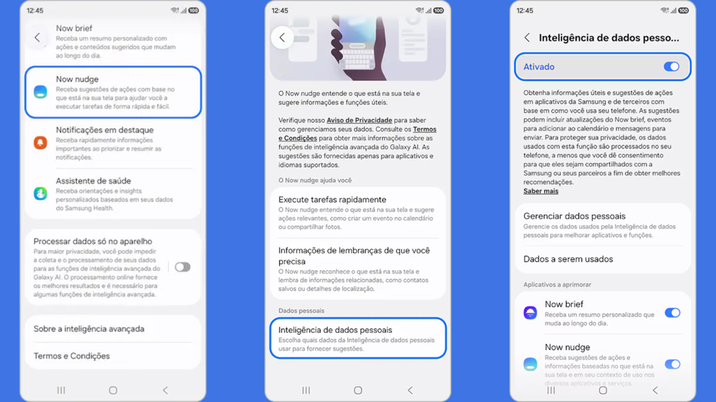 Passos para ativar a inteligência de dados pessoais do Galaxy S26