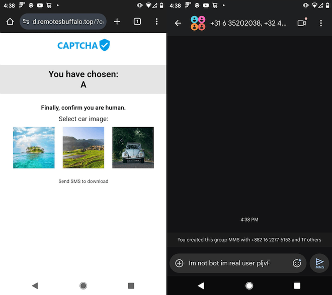 O golpe do CAPTCHA falso envolve fazer um processo que parece normal, mas abre o app de SMS para enviar mensagens internacionais (Imagem: Infoblox/Divulgação)