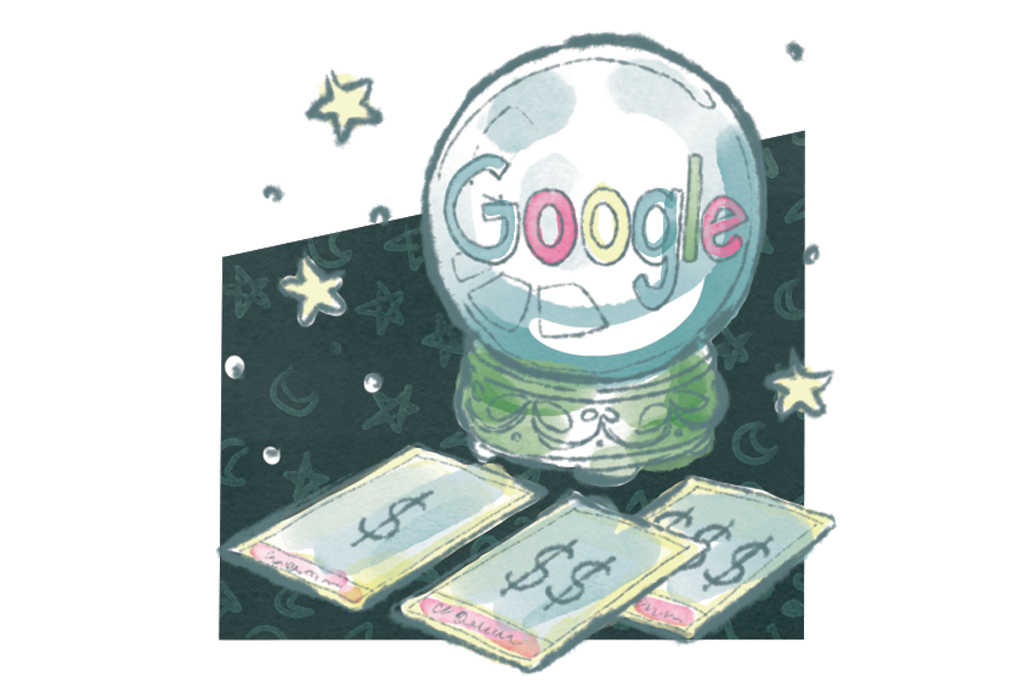 Ilustração, em fundo branco, de uma bola de cristal com a logomarca do Google. Ao lado, vê-se algumas cartas marcadas com o símbolo de cifrão.