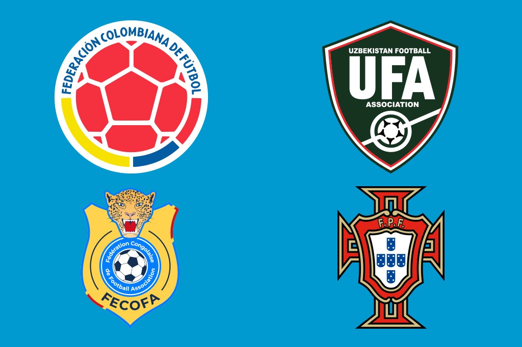 Quatro escudos de federações de futebol: Colômbia (bola vermelha), Uzbequistão (UFA verde), Congo (leopardo amarelo) e Portugal (cruz vermelha com escudos azuis).