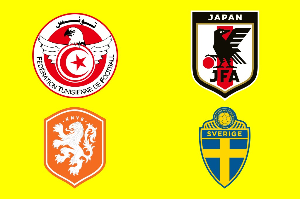 Quatro escudos de federações de futebol em fundo amarelo: Tunísia (águia, lua crescente e estrela), Japão (corvo de três pernas), Holanda (leão branco) e Suécia (cruz nórdica amarela).