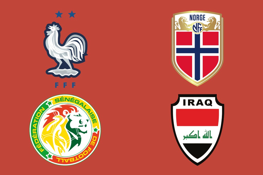 Quatro escudos de federações de futebol em fundo vermelho: França (galo branco), Noruega (bandeira norueguesa), Senegal (leão tricolor) e Iraque (bandeira iraquiana).