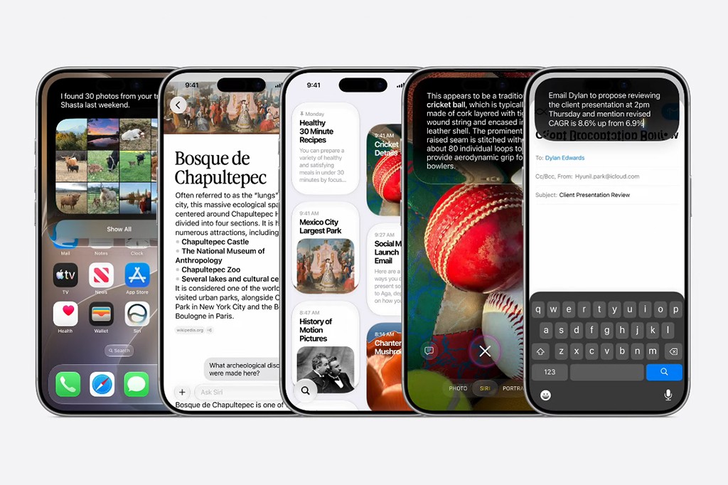 Cinco iPhones com telas exibindo diferentes aplicativos: galeria de fotos, artigo sobre o Bosque de Chapultepec, notícias, detalhes de uma bola de críquete e um e-mail sendo redigido
