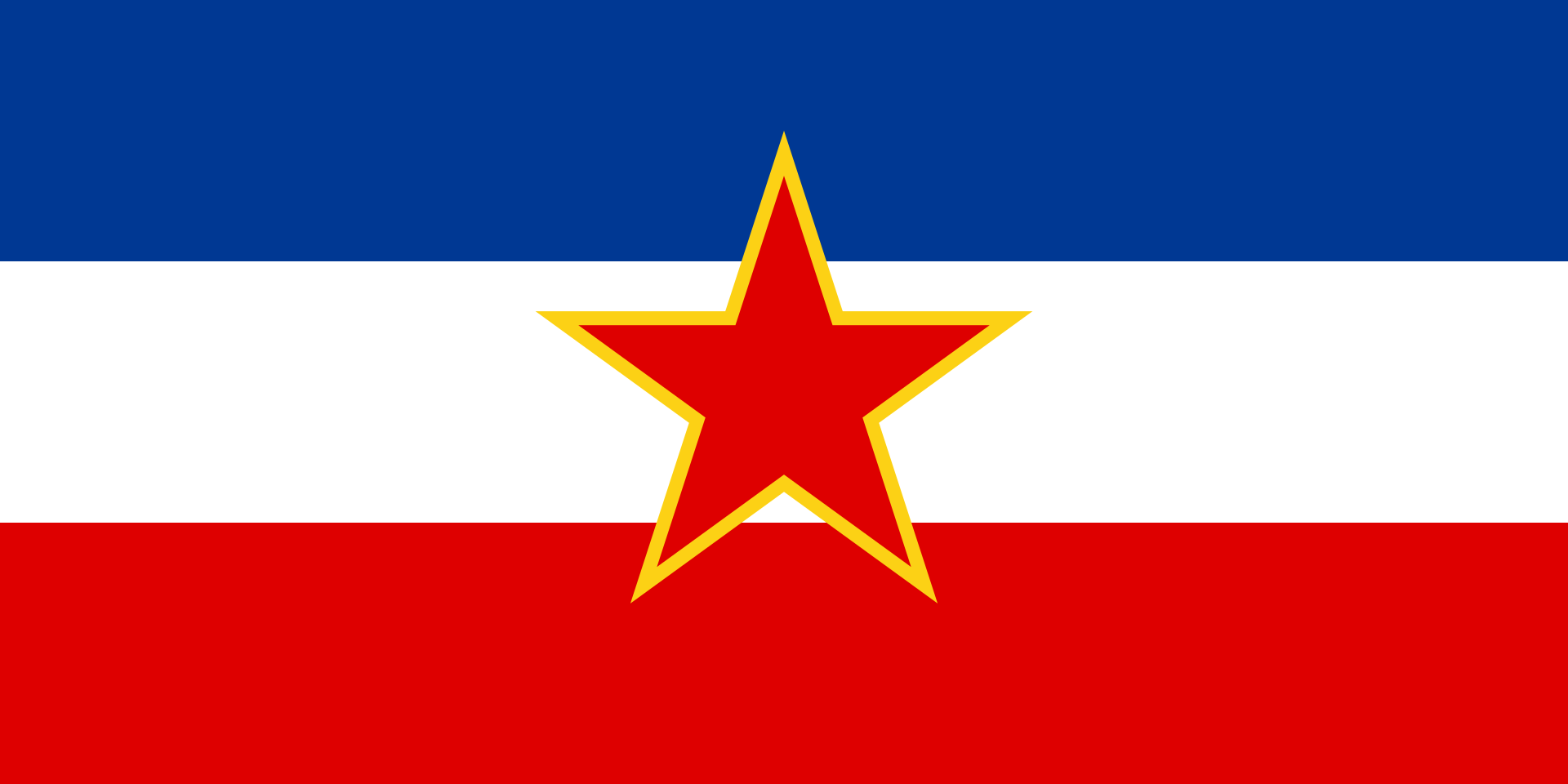 Bandeira da Iugoslávia com três faixas horizontais: azul no topo, branca no meio e vermelha na base. Uma estrela vermelha de cinco pontas com borda amarela está centralizada sobre as faixas