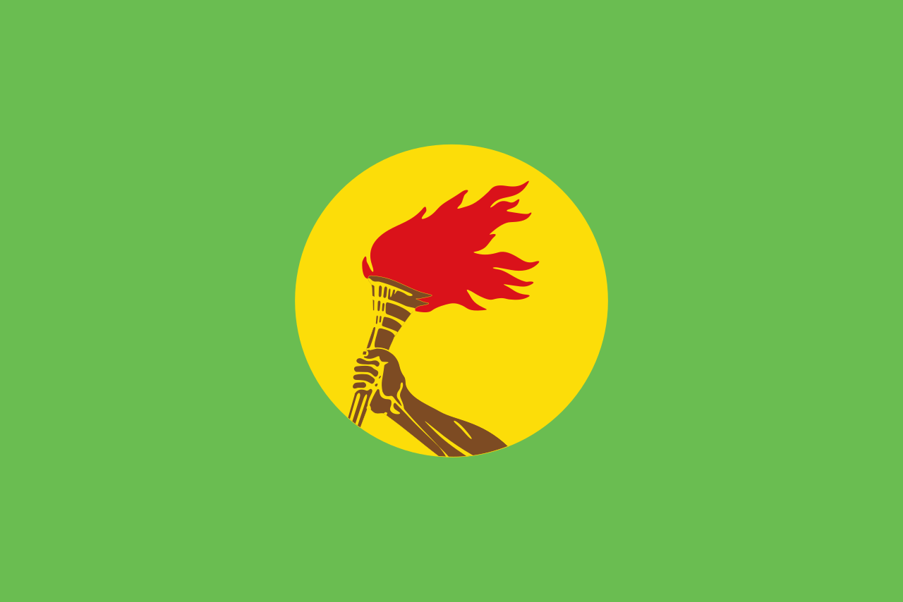 Bandeira verde-clara com um círculo amarelo centralizado, contendo um braço marrom-escuro erguido segurando uma tocha com chamas vermelhas esvoaçantes