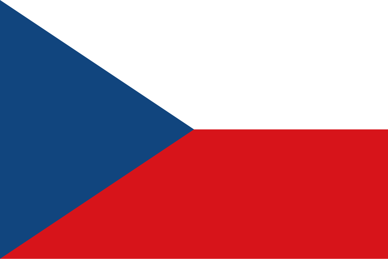 Bandeira da República Tcheca, com uma faixa branca horizontal no topo, uma faixa vermelha horizontal na parte inferior e um triângulo azul apontando para a direita na lateral esquerda
