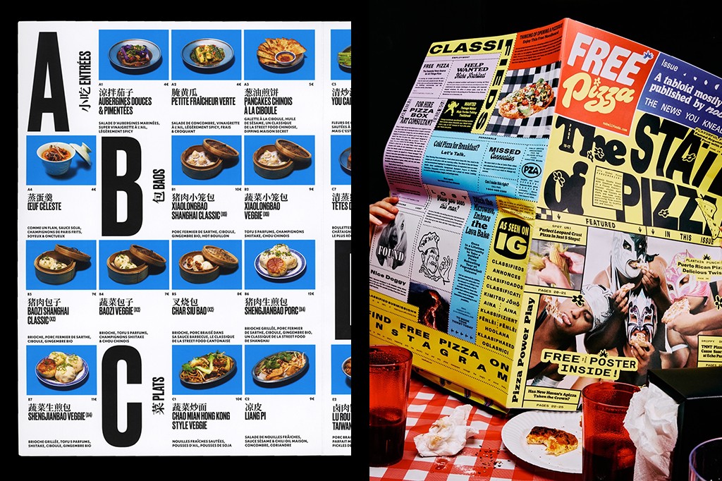 Montagem com duas referências visuais usadas na matéria, a primeira sendo um cardápio do restaurante Bao Family feito pelo estúdio Atelier Choque Le Goff e a segunda o jornal Free Pizza feito pelo estúdio FISK.