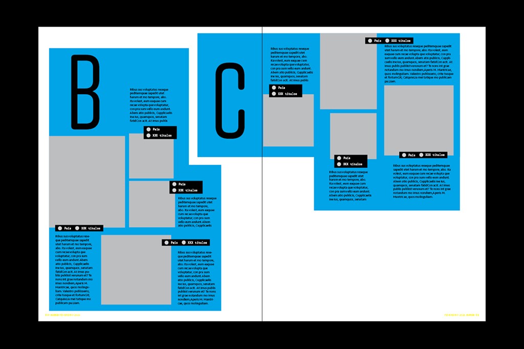 Segundo teste de layout com fundo azul-claro e grandes letras B e C em preto. Há blocos de texto e retângulos cinzas para imagens.