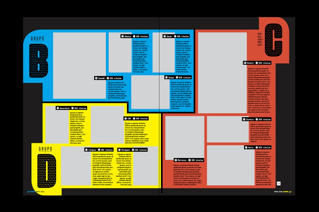 Terceiro teste de layout mostrando três grupos: Grupo B em azul, Grupo C em vermelho e Grupo D em amarelo. Cada grupo tem títulos de países e textos de preenchimento, com espaços para imagens.