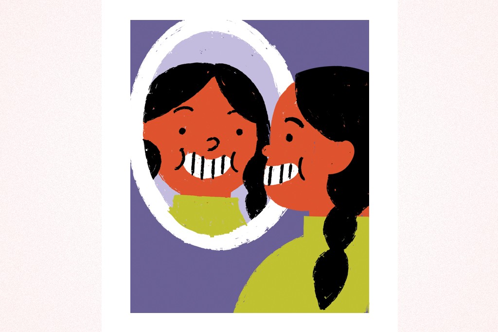 Ilustração, em fundo verde, de uma garota sorrindo enquanto se olha no espelho.