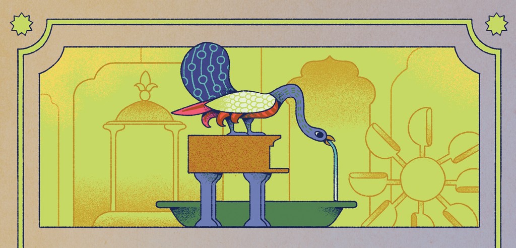 Ilustração de um pássaro azul com cauda de pavão e corpo branco, vermelho e laranja, derramando água do bico em uma bacia verde. Ele está sobre um pedestal marrom e azul, em um cenário verde-limão com detalhes arquitetônicos dourados e uma roda d'água à direita. A imagem tem uma borda decorativa bege com estrelas nos cantos superiores.