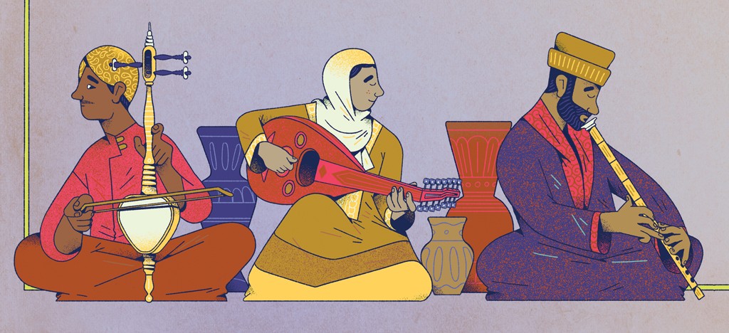 Três músicos do Oriente Médio sentados no chão, tocando instrumentos tradicionais. O primeiro, à esquerda, usa um turbante amarelo e camisa vermelha, tocando um instrumento de cordas com arco. O do meio, com hijab branco e túnica amarela, toca um alaúde vermelho. O terceiro, à direita, com turbante amarelo e túnica roxa, toca uma flauta. Vasos decorativos em tons de azul, marrom e amarelo estão ao fundo.