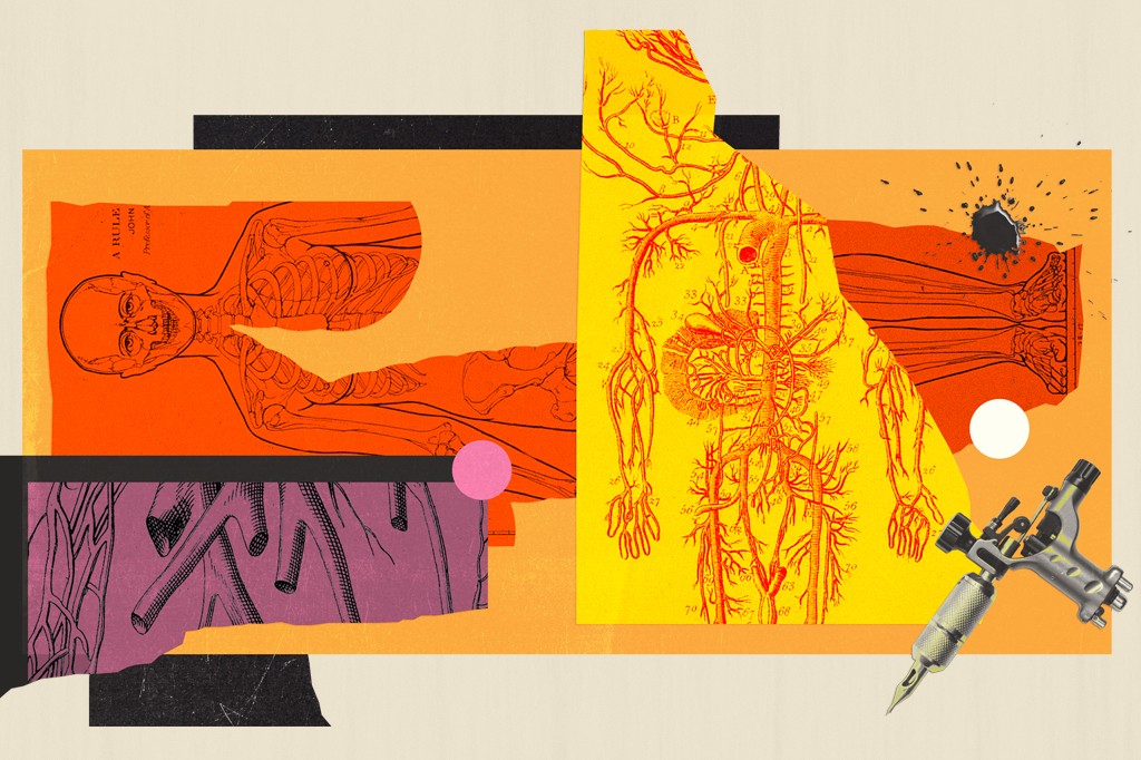 Colagem com ilustrações anatômicas em laranja e amarelo, sobrepostas por formas geométricas pretas e roxas, e uma máquina de tatuagem no canto inferior direito.