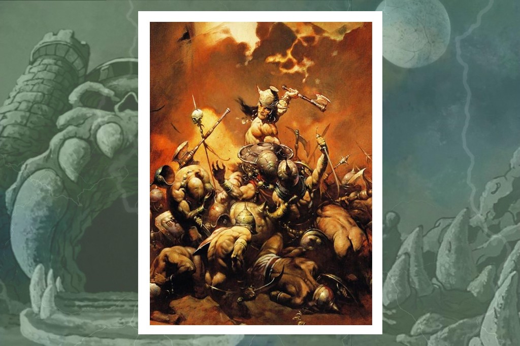 Pintura de Conan, o bárbaro. Um guerreiro musculoso com capacete de chifres e machado, em pé sobre corpos caídos em batalha, sob um céu laranja tempestuoso. Ao fundo, o Castelo Grayskull e um céu escuro com raios e uma lua.
