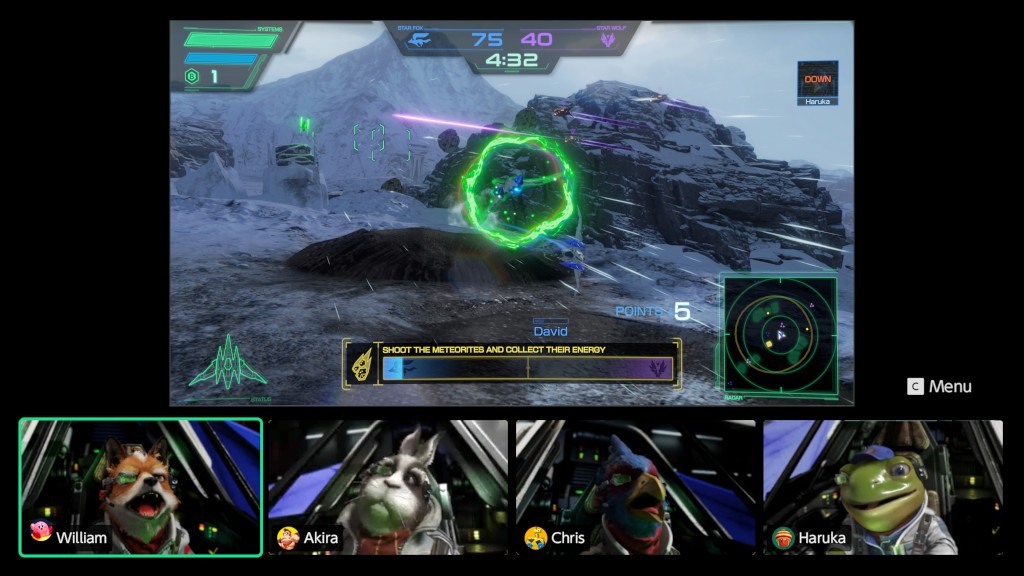 Tela de videogame com nave espacial azul em anel verde brilhante, sobre paisagem montanhosa nevada. Abaixo, quatro personagens animais em cabines: uma raposa, um coelho, um pássaro e um sapo.