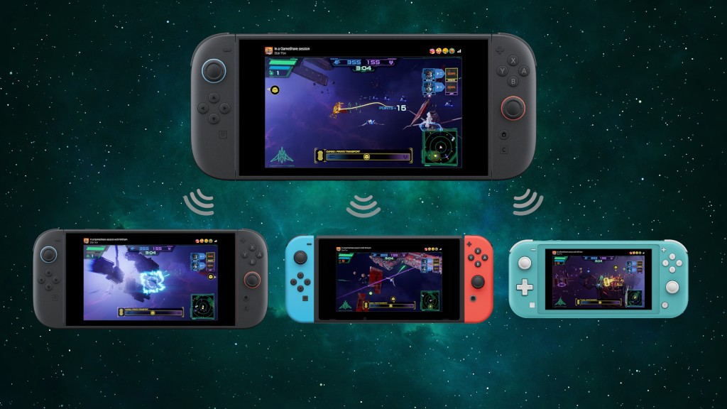 Quatro consoles de videogame portáteis exibindo um jogo de nave espacial, conectados por sinais de Wi-Fi, em um fundo de espaço sideral