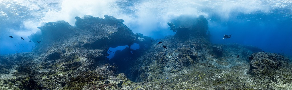 Vista subaquática de um recife de coral rochoso com formações escuras e irregulares, algumas com aberturas azuis. Pequenos peixes escuros nadam perto das rochas. No canto superior direito, um mergulhador solitário explora a água azul-clara, com a superfície ondulada visível acima