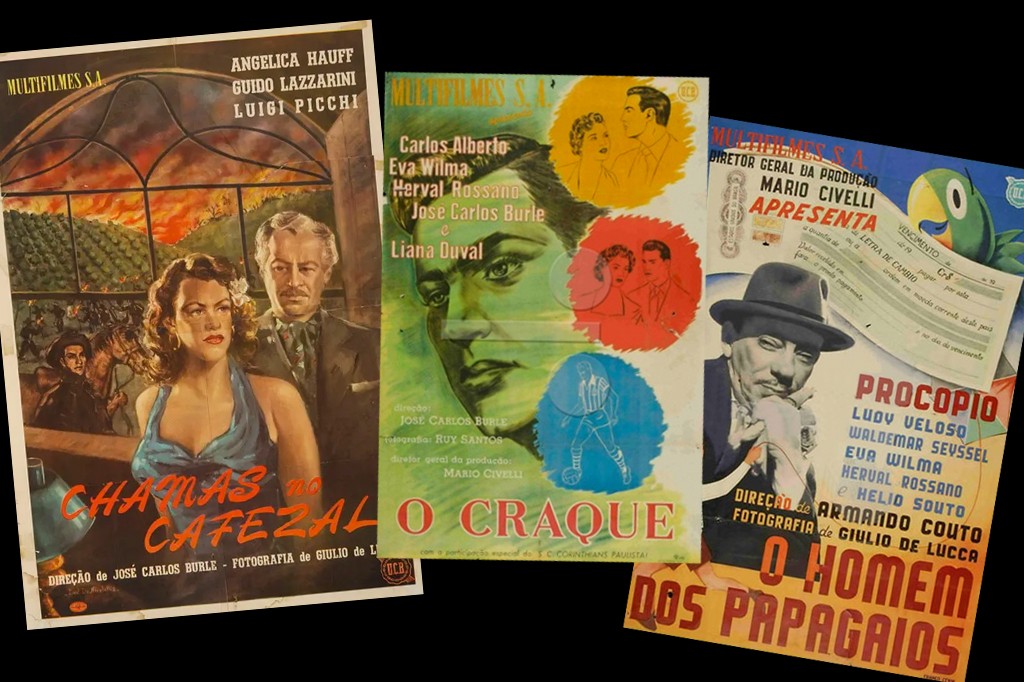 Três pôsteres de filmes antigos em estilo ilustração, produzidos pela Multifilmes S.A. O primeiro,