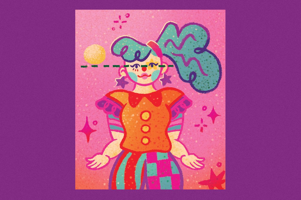Ilustração de uma palhaça com maquiagem colorida, cabelo azul-turquesa preso em rabo de cavalo, e roupa laranja, rosa e azul. Uma linha tracejada verde atravessa seus olhos, e um círculo amarelo está à esquerda da cabeça. O fundo é rosa com brilhos.