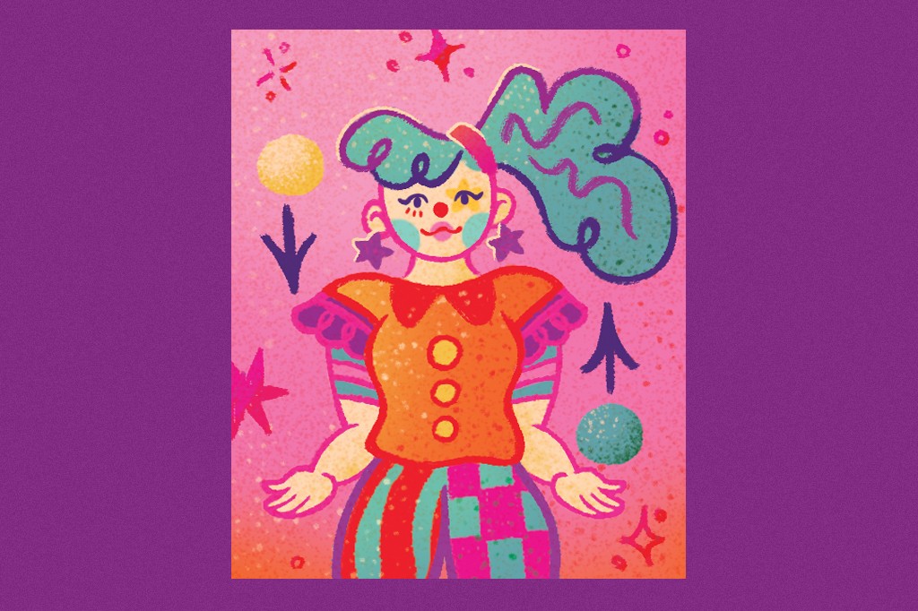 Ilustração de uma palhaça sorridente com cabelo azul-turquesa preso, maquiagem colorida no rosto, blusa laranja com botões e calça listrada e xadrez em tons vibrantes. Ela tem brincos de estrela e as mãos abertas, em um fundo rosa com estrelas e bolas de malabarismo.
