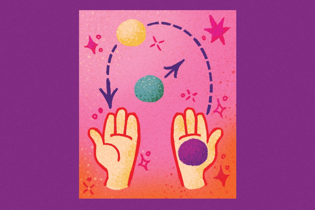 Ilustração de duas mãos abertas, com uma bola roxa na palma da mão direita. Acima, uma bola amarela e uma azul flutuam, conectadas por setas tracejadas que indicam movimento entre elas e para as mãos, em um fundo rosa com estrelas e brilhos.