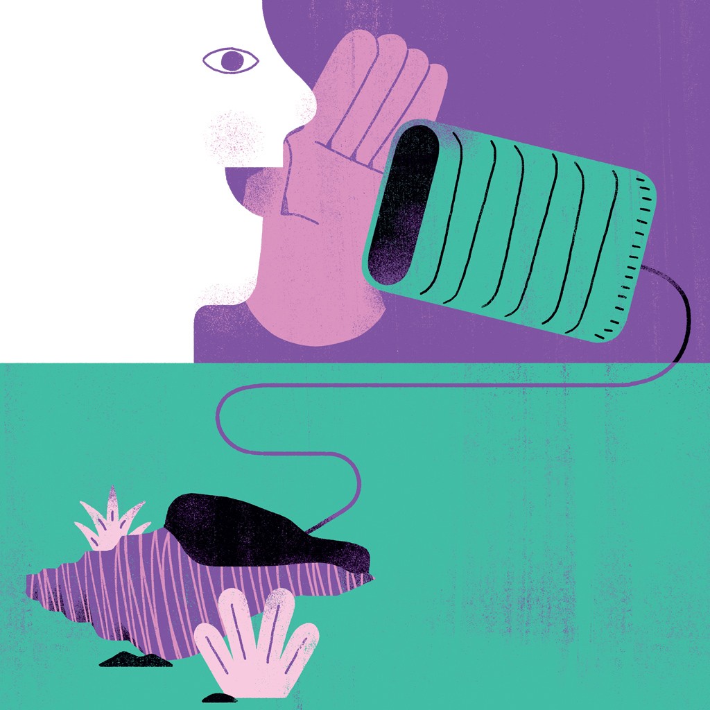 Ilustração de uma pessoa branca com a mão na boca, falando em um telefone de lata verde conectado por um fio roxo a um pássaro preto em um ninho roxo, sobre um fundo verde. A imagem sugere comunicação e conexão.