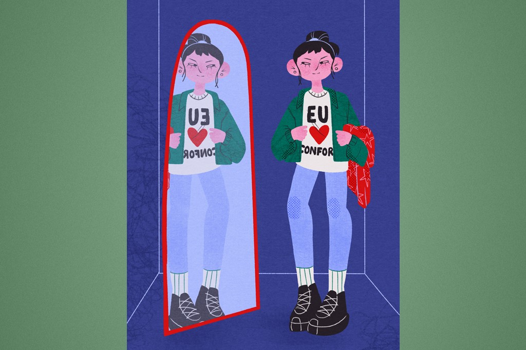 Ilustração de uma pessoa com cabelo preso, vestindo jaqueta verde, camiseta branca com EU e um coração vermelho, e CONFOR abaixo, calça jeans azul e botas pretas. Ela se olha no espelho, que reflete a mesma imagem, mas com o texto invertido