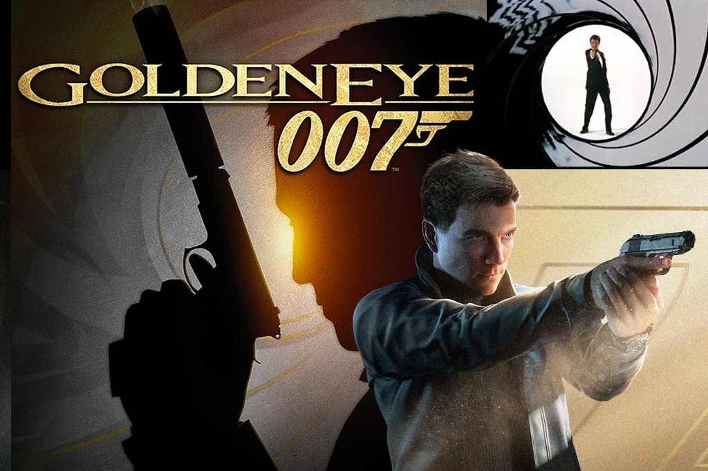 Capa do jogo GoldenEye 007, com o título dourado. À esquerda, uma silhueta escura de uma mão segurando uma arma. À direita, um homem de casaco escuro, com expressão séria, mira uma pistola prateada. No canto superior direito, um círculo branco com um homem de terno preto e gravata, de costas, segurando uma arma, dentro de um cano de arma giratório.