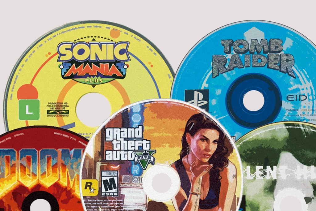 Discos de jogos eletrônicos sobrepostos: Sonic Mania Plus, Tomb Raider, Grand Theft Auto V, Doom e um disco verde com texto ilegível.
