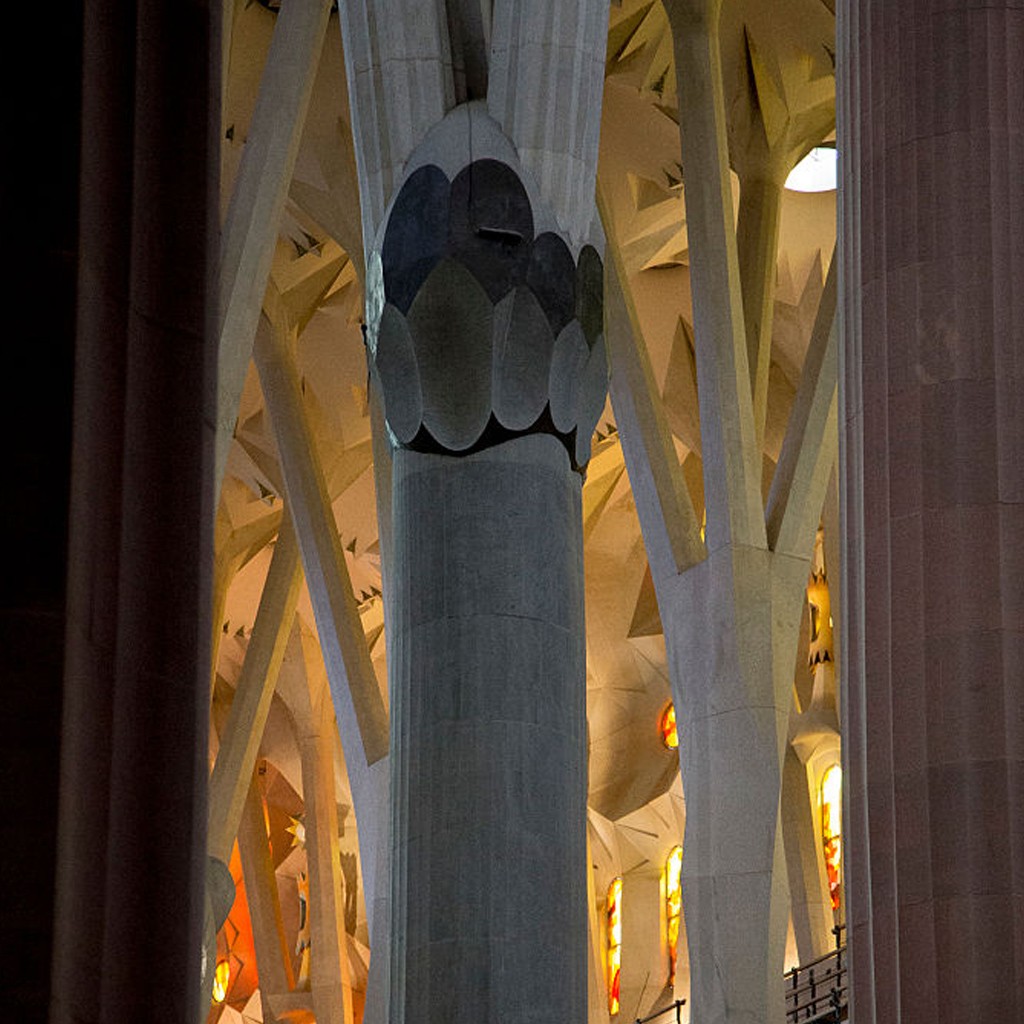 Interior da Sagrada Família com colunas ramificadas que se assemelham a árvores, iluminadas por luzes quentes e vitrais coloridos. Uma coluna central cinza tem um capitel decorado com formas ovais escuras, e outras colunas claras se estendem para o teto, criando um ambiente grandioso e complexo
