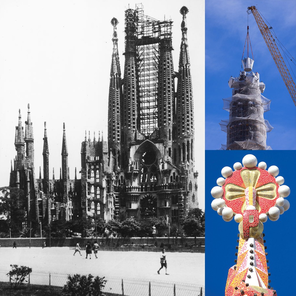 Três imagens da Sagrada Família: à esquerda, foto antiga em preto e branco da fachada em construção, com andaimes e pessoas no primeiro plano; no canto superior direito, uma torre sendo erguida por um guindaste; no canto inferior direito, o topo colorido e ornamentado de uma torre finalizada contra um céu azul