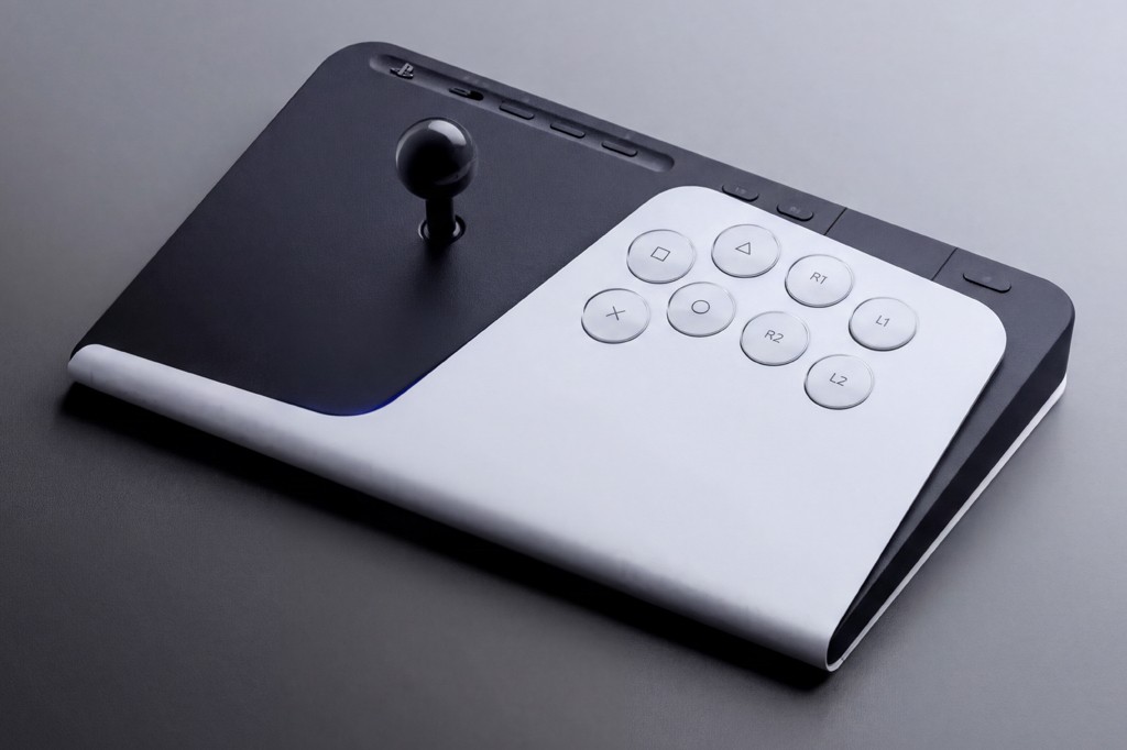 Controle de videogame preto e branco com um joystick esférico à esquerda e botões circulares à direita, incluindo triângulo, quadrado, X, círculo, R1, R2, L1 e L2.