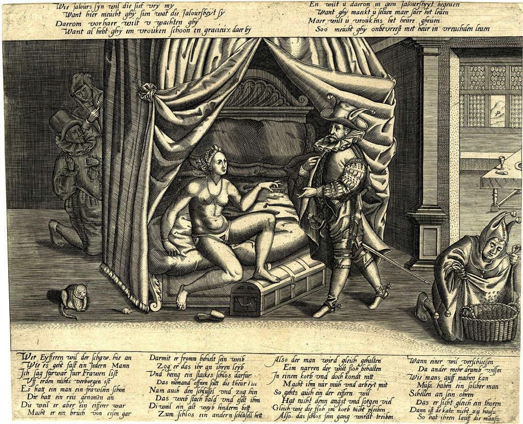 Gravura em preto e branco de um quarto com uma mulher seminua na cama, um homem vestido ao lado e um bobo da corte espiando. No canto esquerdo, um homem se esconde atrás da cortina. Textos em holandês antigo estão acima e abaixo da cena