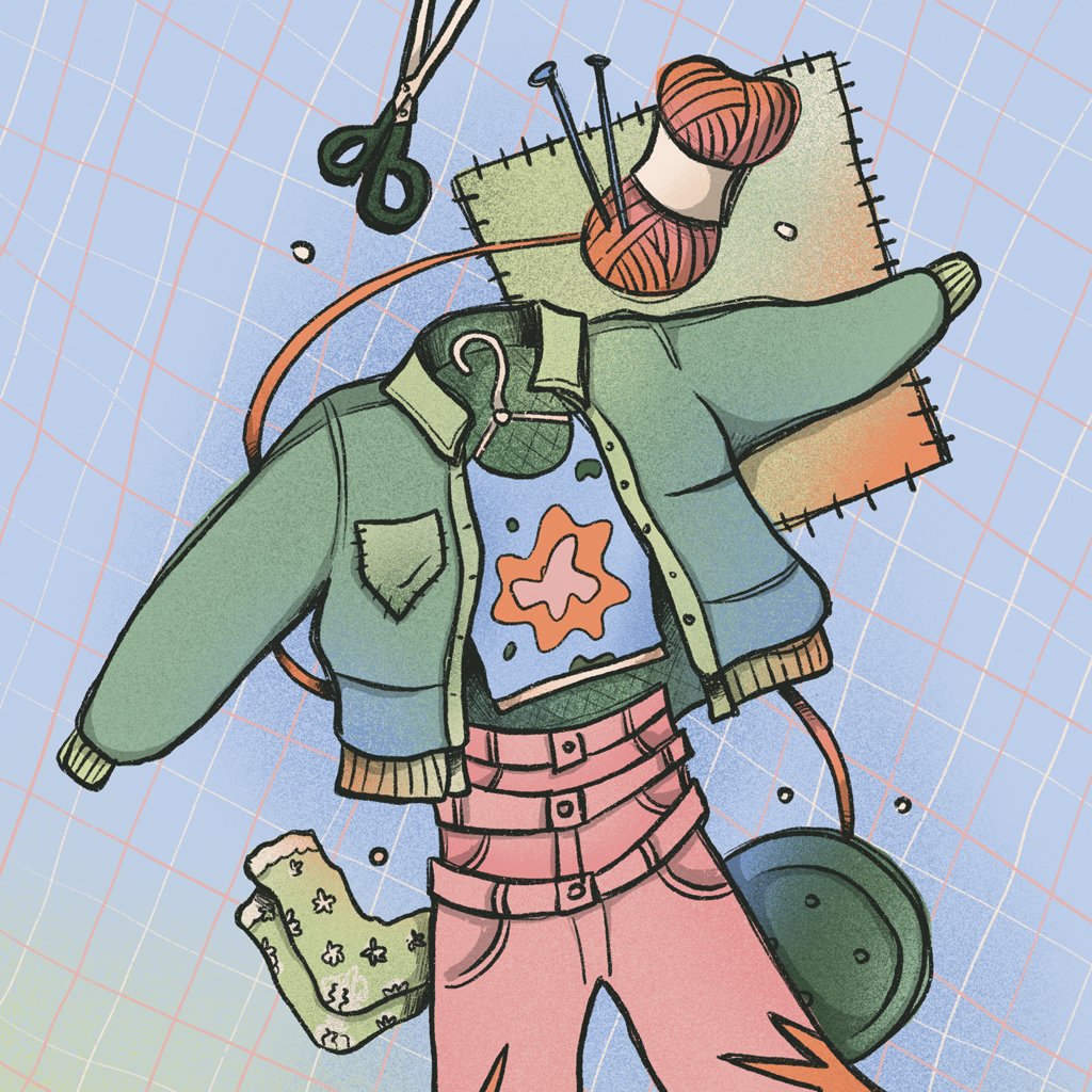 Ilustração de uma jaqueta verde, blusa azul com estampa laranja, calça rosa e meias verdes com flores, sobre um fundo quadriculado azul. Ao redor, tesoura, agulhas de tricô e novelo de lã laranja, representando costura e moda.