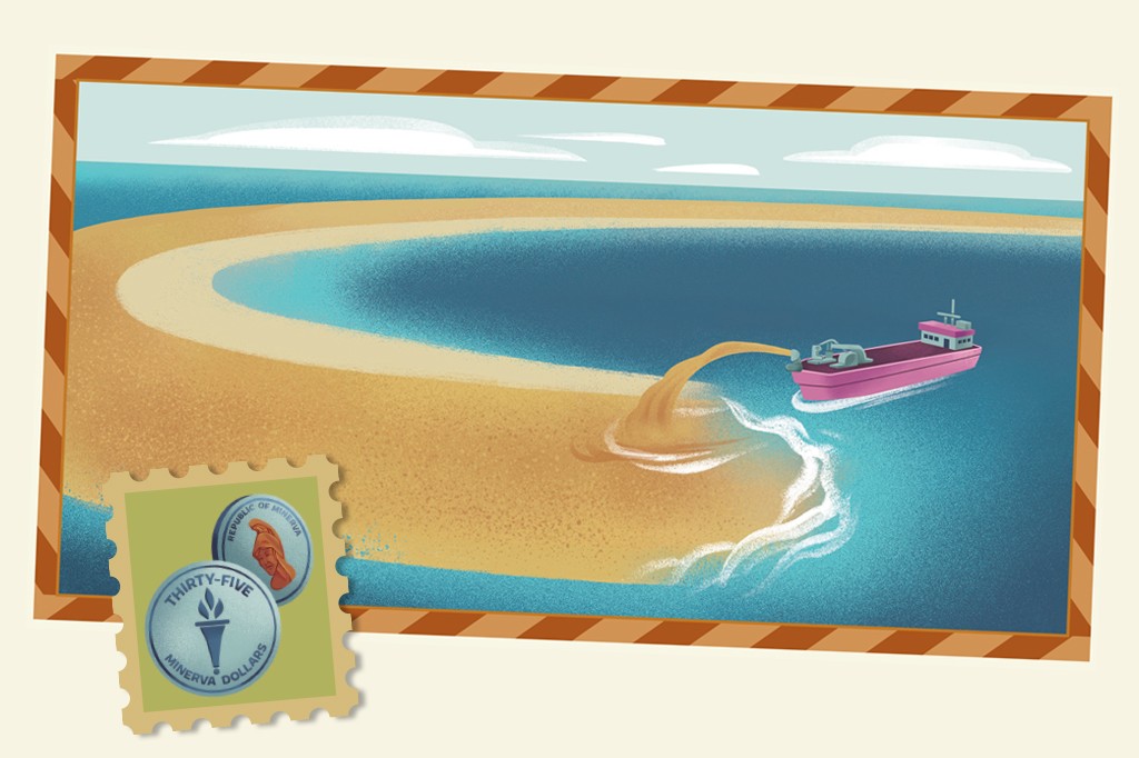 Ilustração de um navio draga rosa despejando areia no mar para formar uma ilha artificial, com um selo postal de Minerva Dollars no canto inferior esquerdo.
