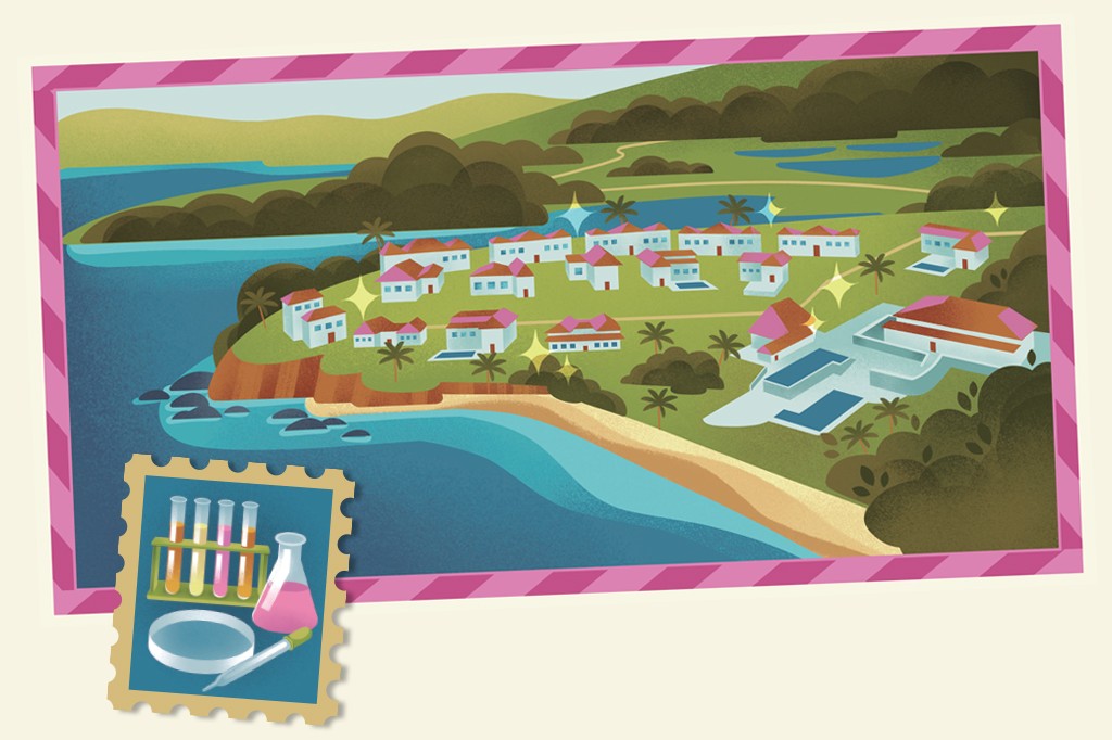 Ilustração de um vilarejo costeiro com casas brancas e telhados vermelhos, palmeiras e uma praia de areia clara. Ao fundo, montanhas verdes e um lago. No canto inferior esquerdo, um selo postal com tubos de ensaio, um erlenmeyer com líquido rosa, uma placa de Petri e uma pipeta.