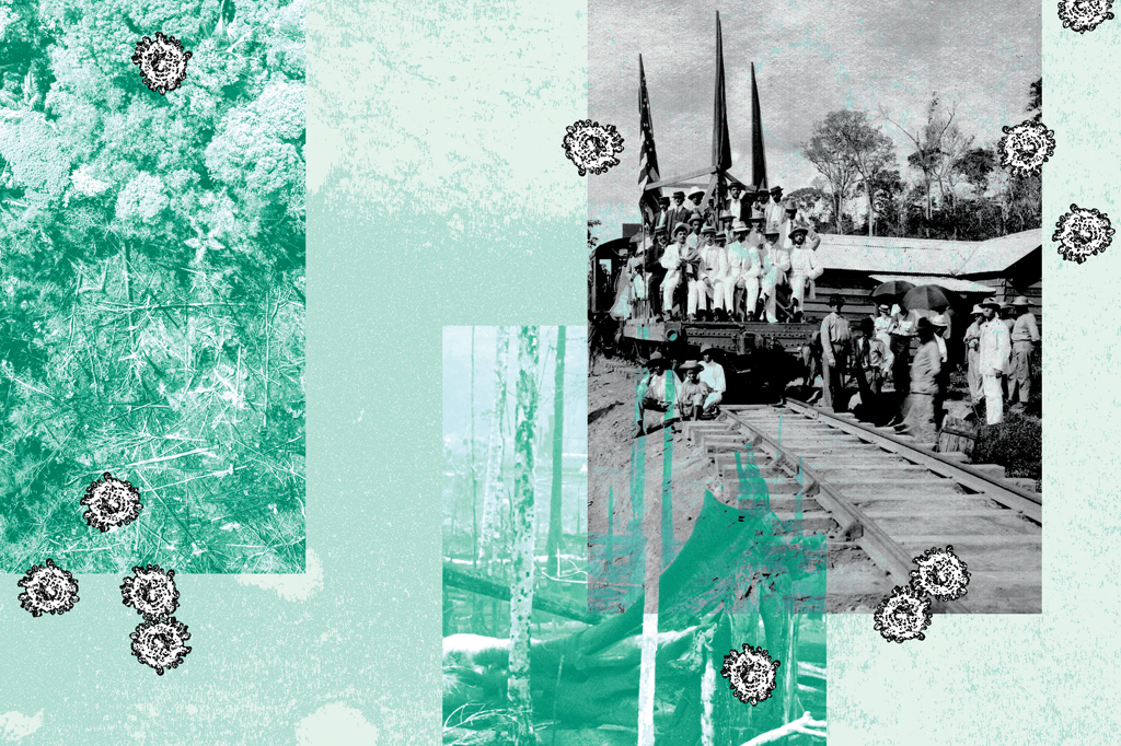 Colagem com imagem em preto e branco de homens em um trem e trilhos, sobreposta a uma floresta verde e fundo azul claro com ilustrações de vírus.